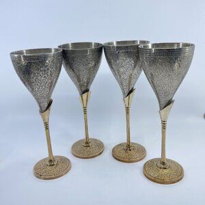 vintage silvertone and brass etched wine goblets set of 4